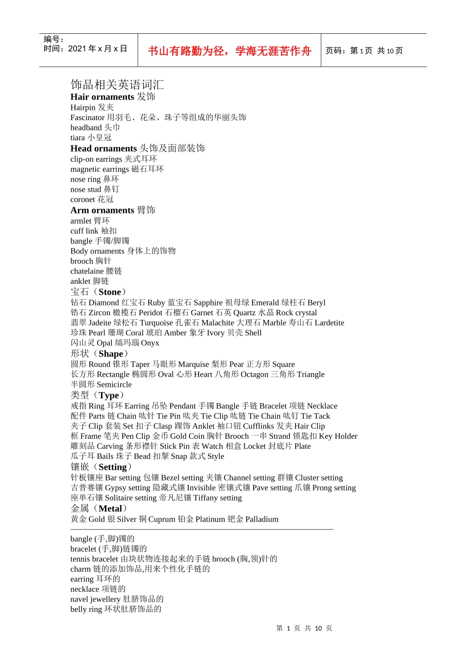 珠宝首饰词汇中英对照_第1页