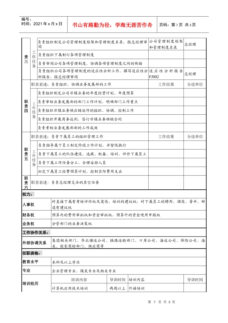 煤炭行业-集团公司-常务副总经理岗位说明书_第2页