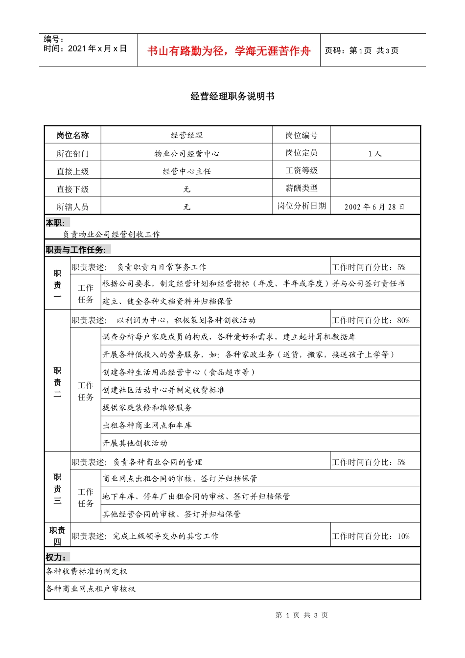 物业公司经营经理职务说明书_第1页
