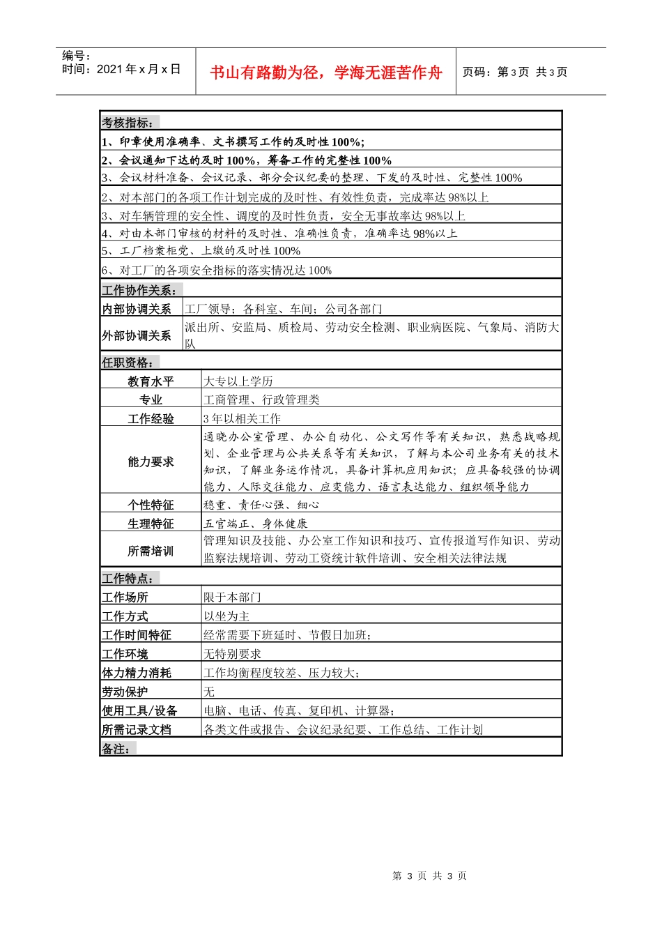 某啤酒企业行政办公室主任岗岗位说明书_第3页