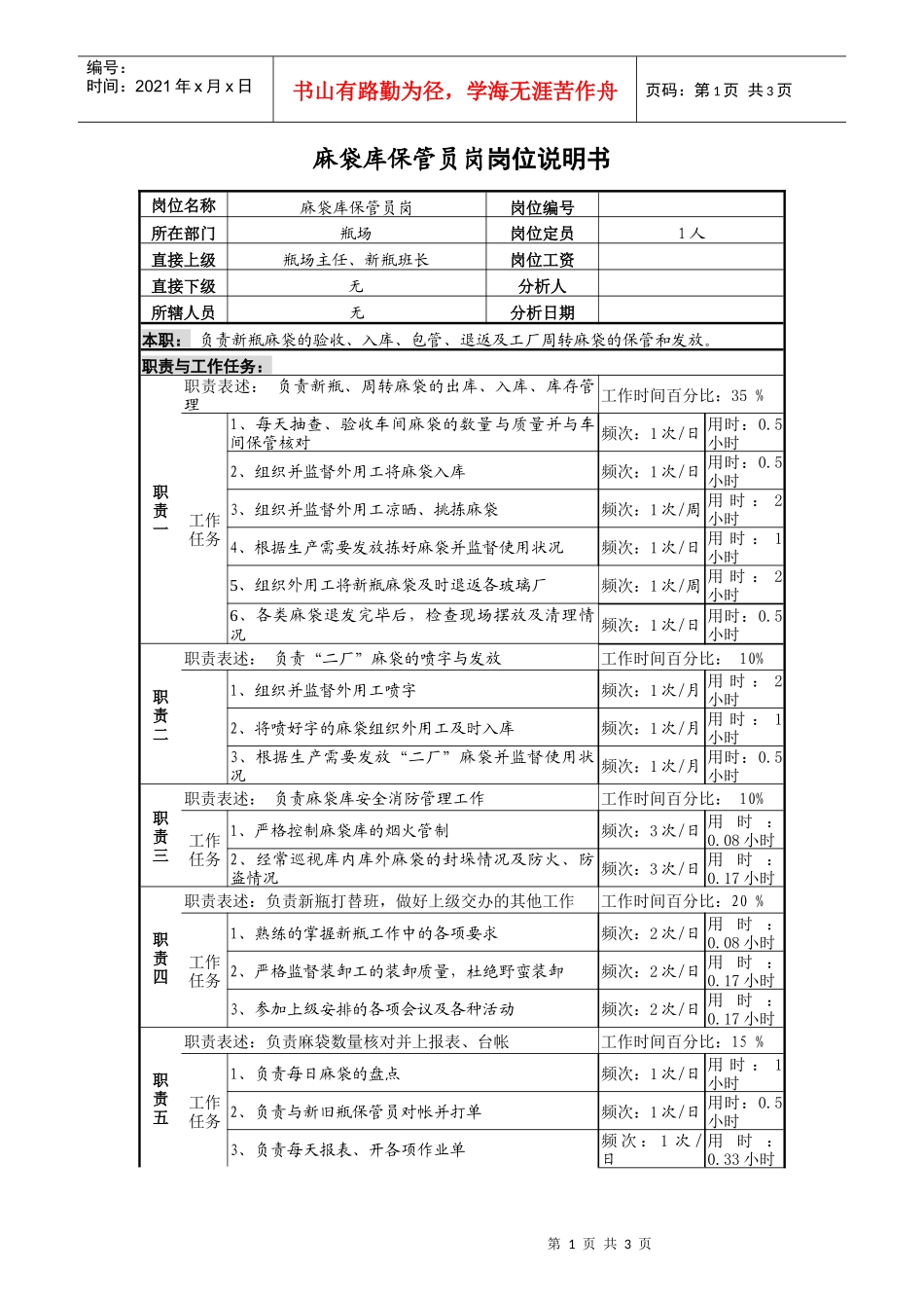 某啤酒企业瓶厂麻袋保管员岗位说明书_第1页