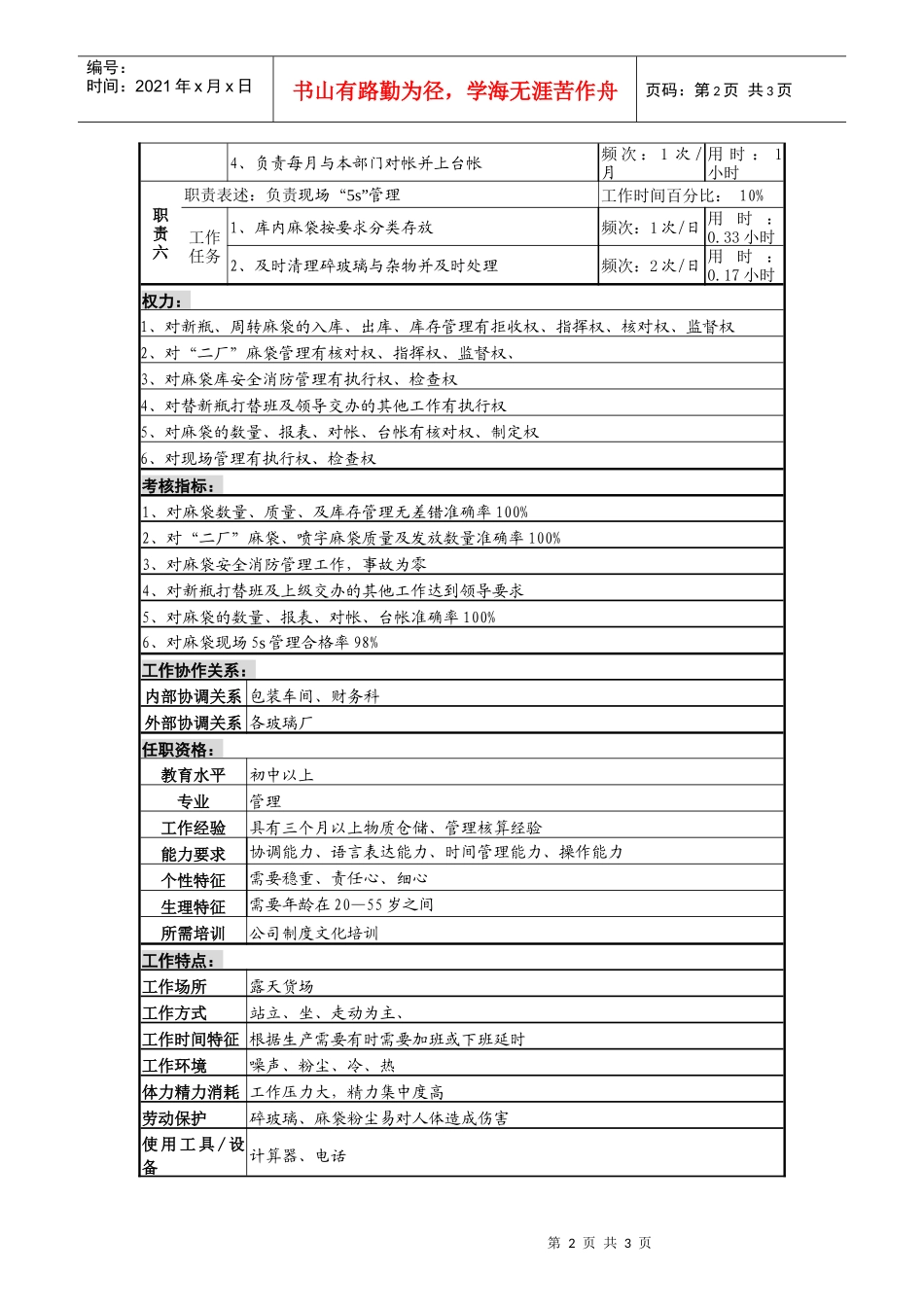 某啤酒企业瓶厂麻袋保管员岗位说明书_第2页