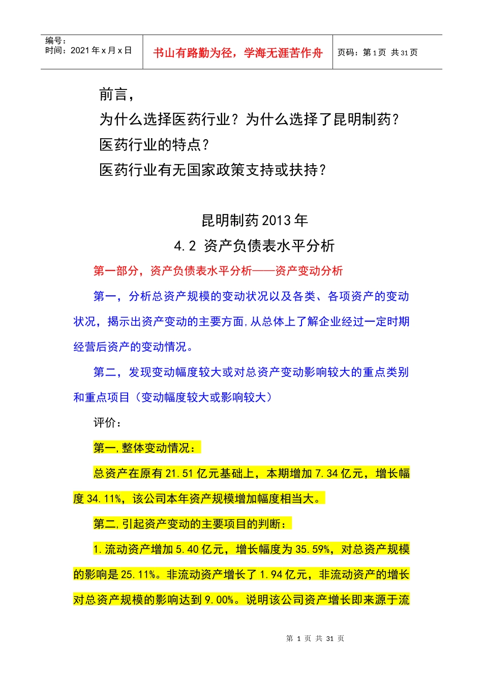 昆明制药资产负债表分析_第1页