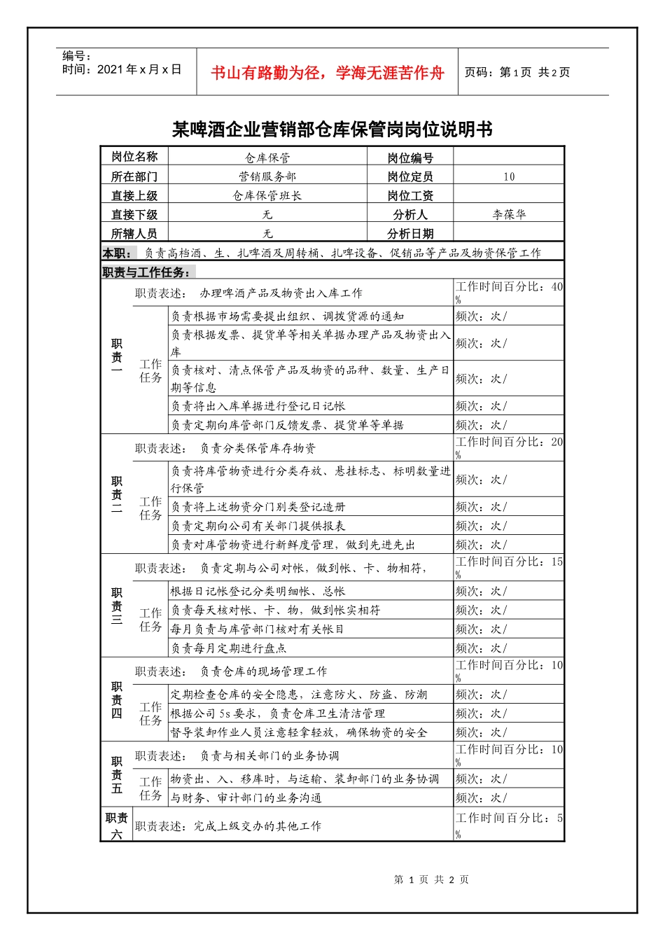 某啤酒企业营销部仓库保管岗岗位说明书._第1页