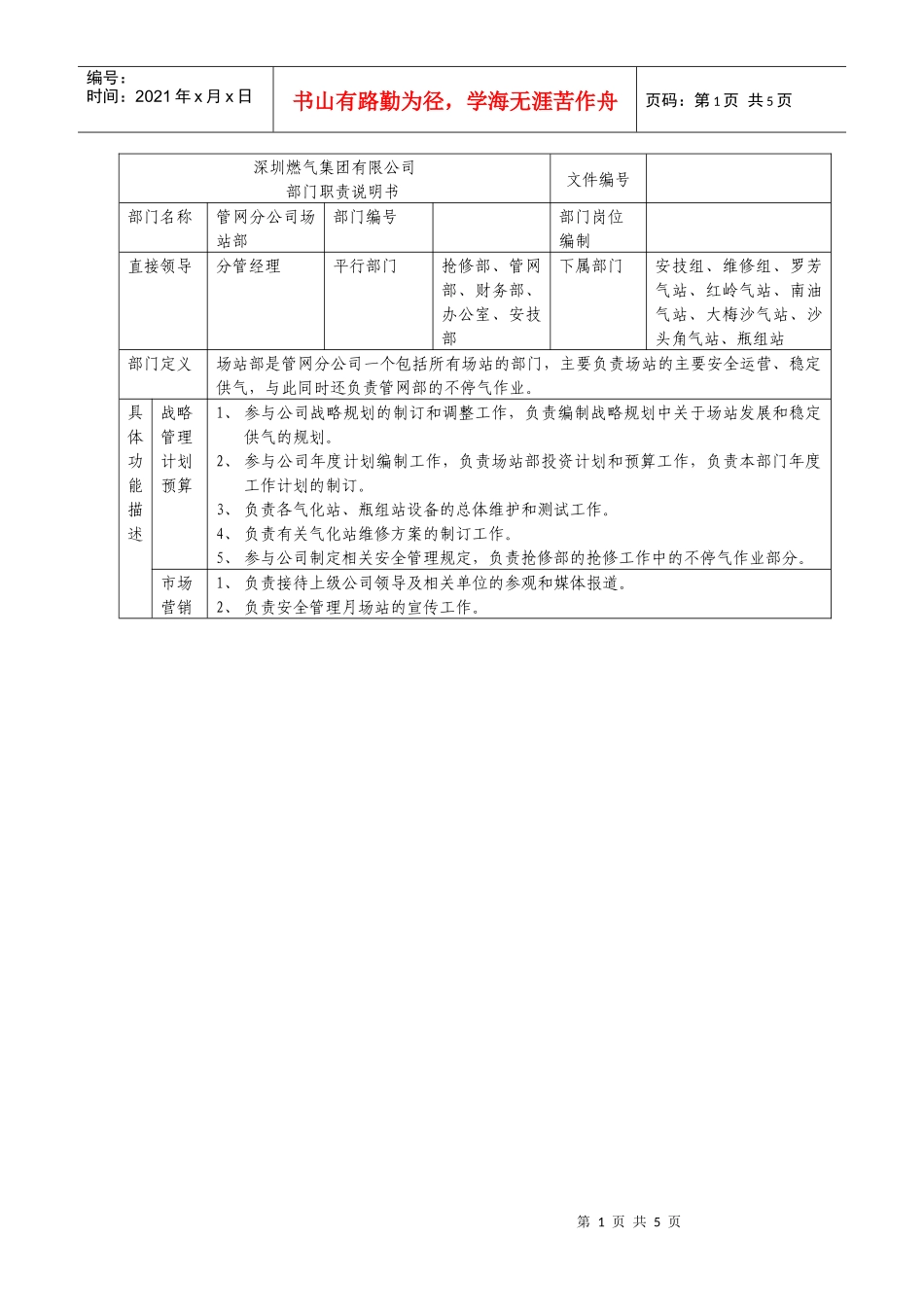某燃气集团管网分公司场站部职责说明书_第1页
