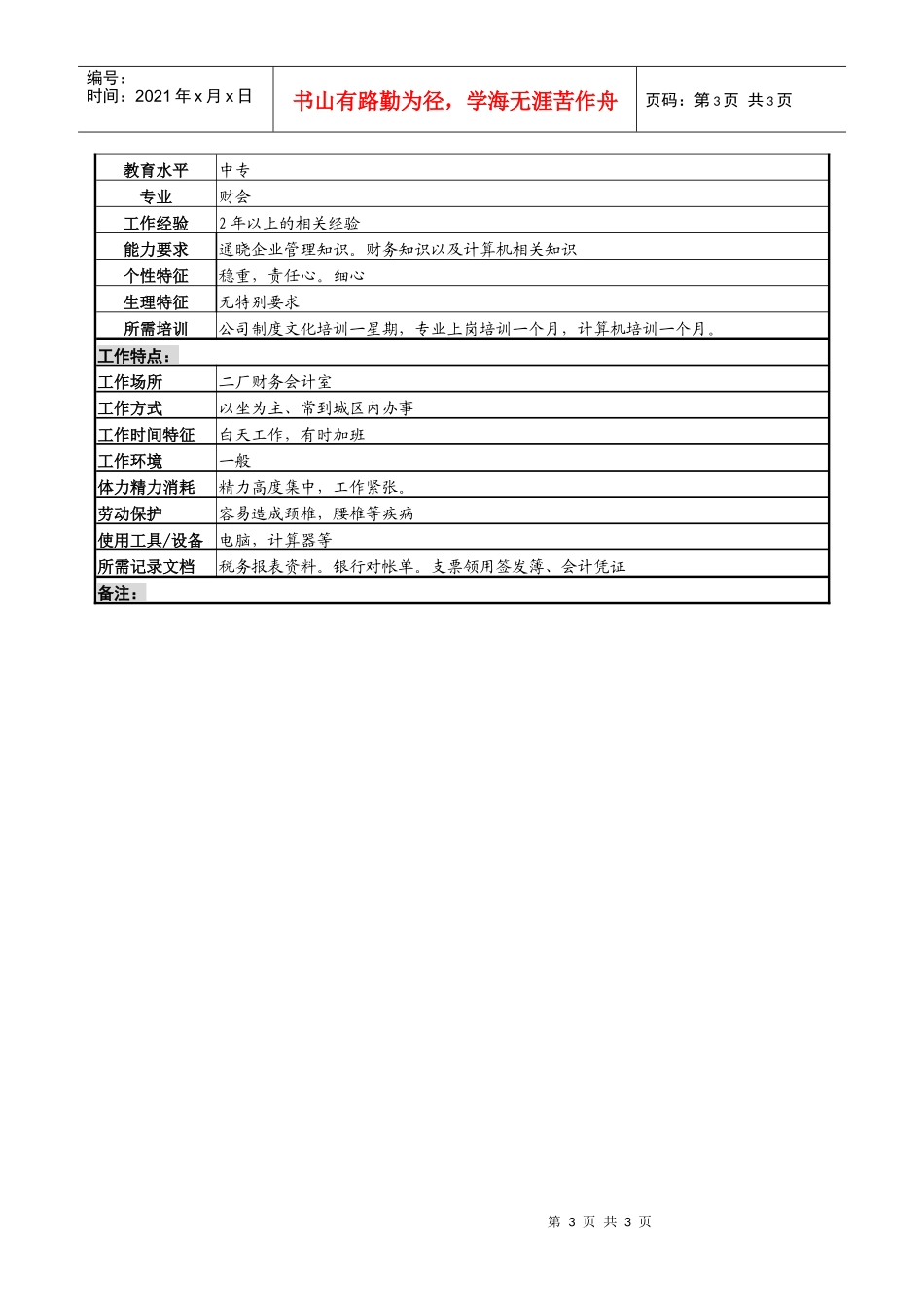 某啤酒企业分厂银行出纳、税务岗位说明书_第3页
