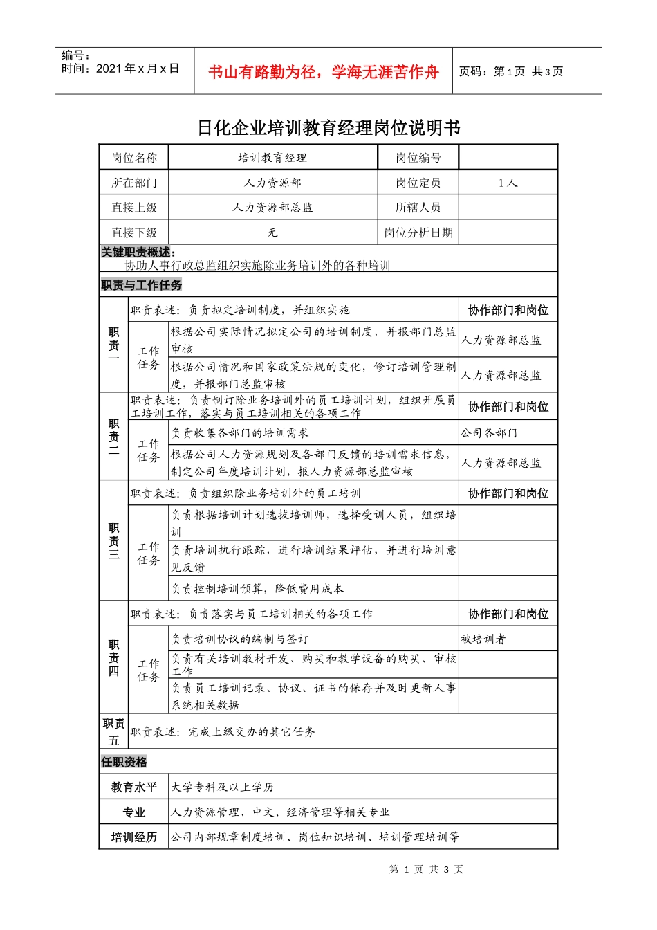 日化企业培训教育经理岗位说明书_第1页