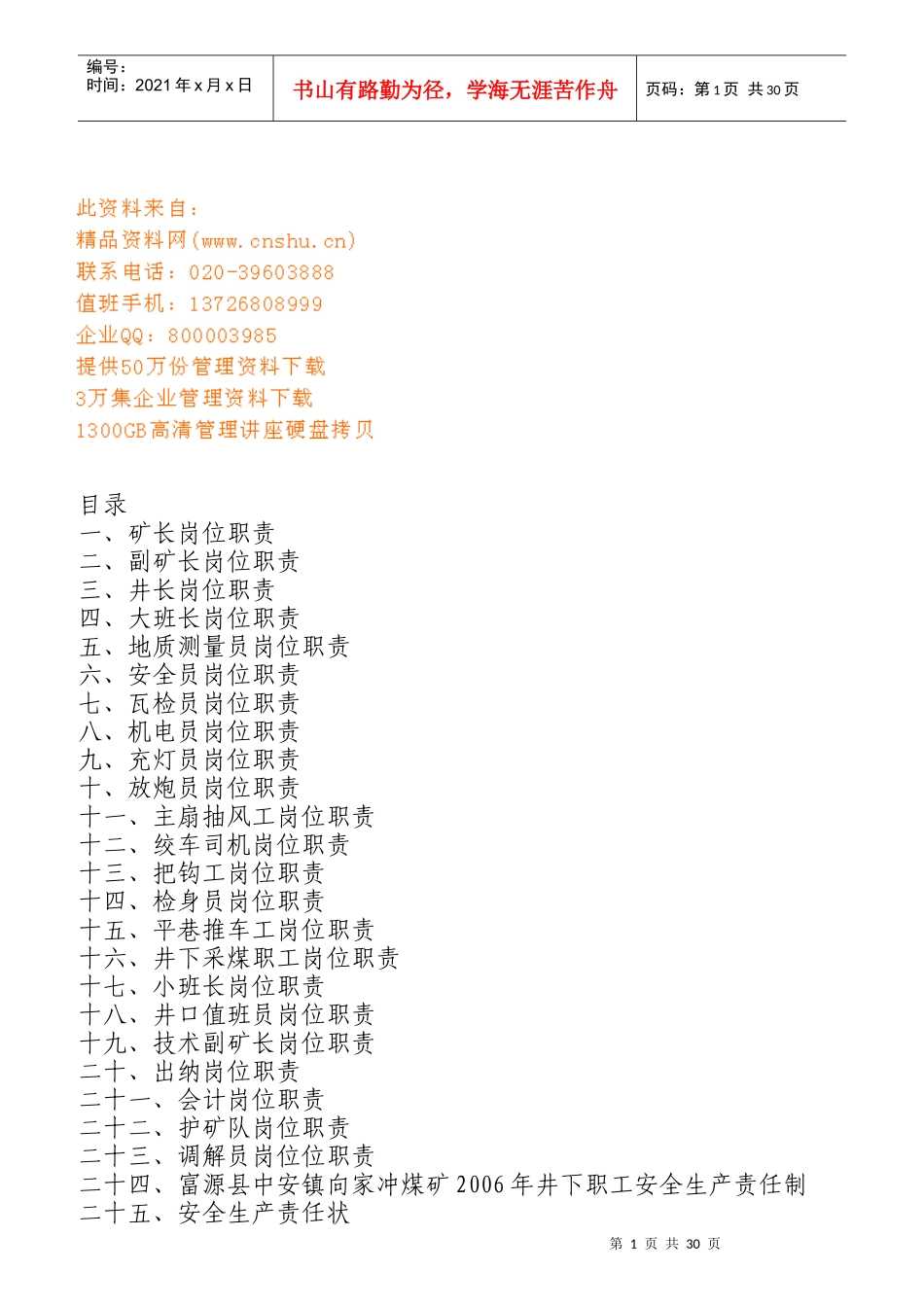 煤矿厂各岗位职责说明书_第1页