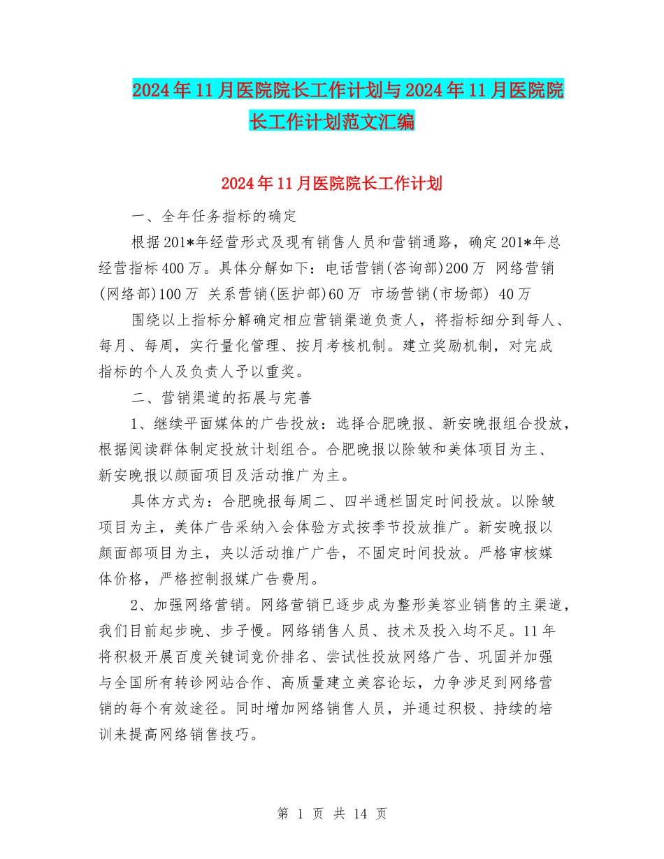 2024年11月医院院长工作计划与2024年11月医院院长工作计划范文汇编_第1页