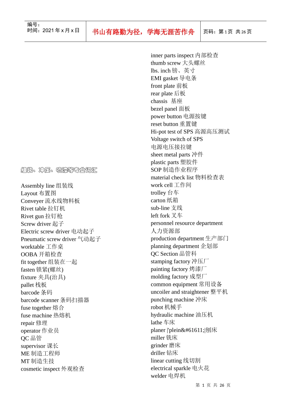 机械组装、冲压与喷漆等专业英语词汇_第1页