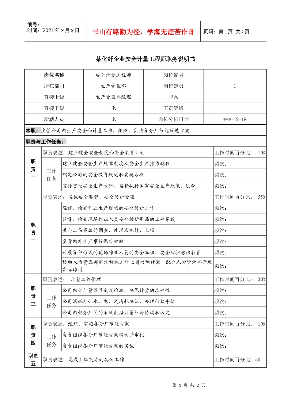 某化纤企业安全计量工程师职务说明书_第1页