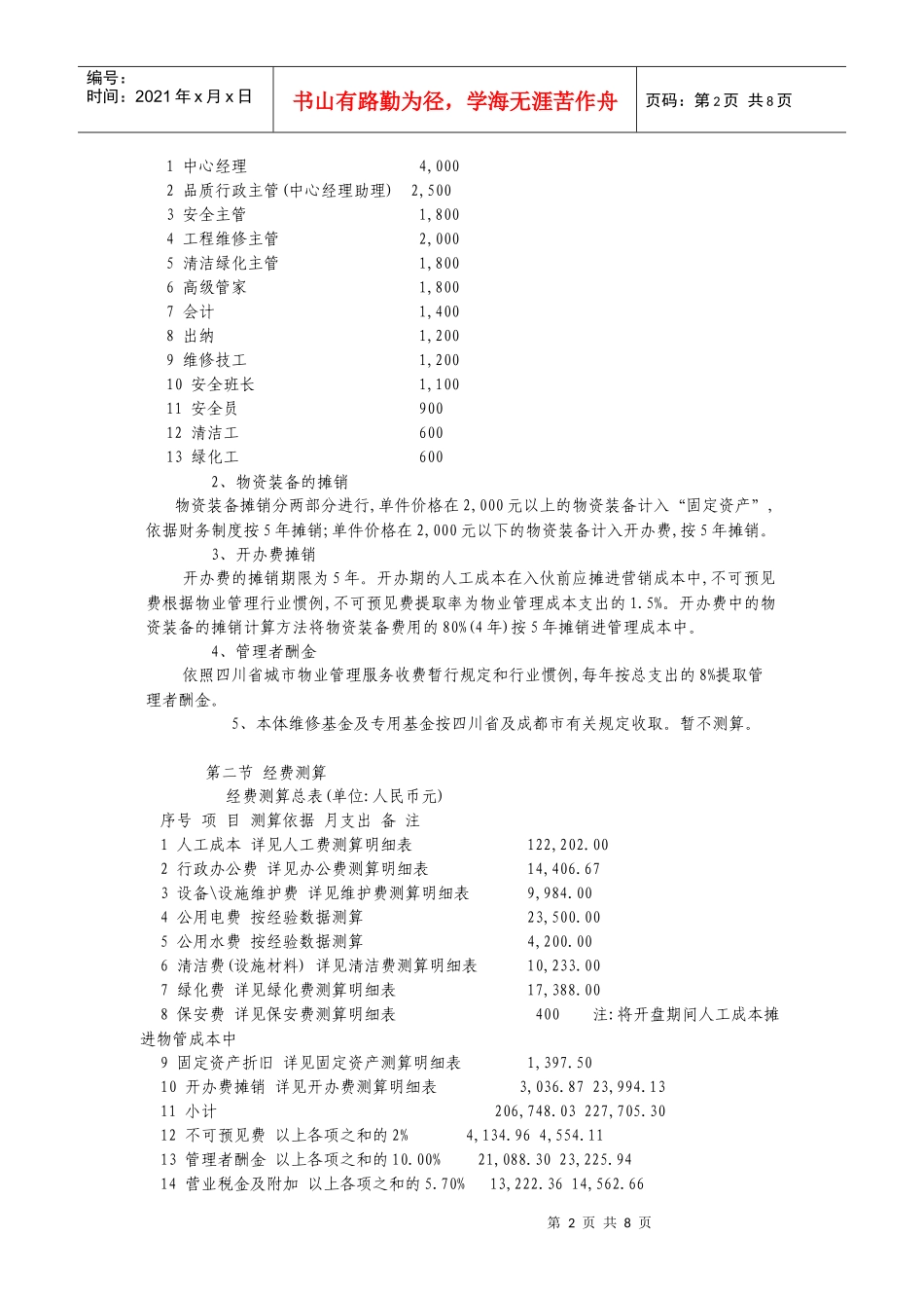 物业管理费用测算_第2页