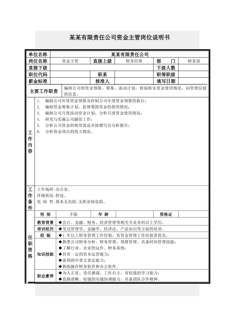 资金主管岗位说明书_第1页
