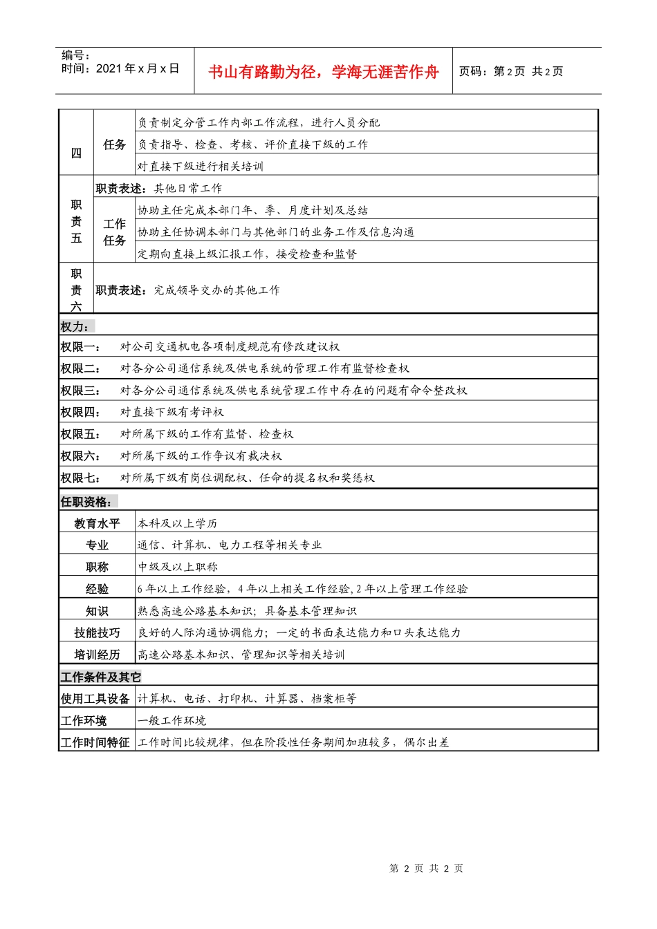 某高速公路公司通信及供电副主任岗位说明书_第2页