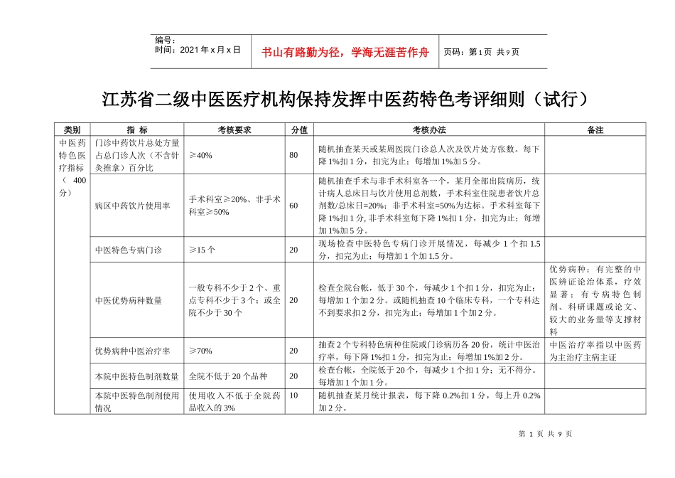 江苏省二级中医医疗机构保持发挥中医药特色考评细则(试..._第1页