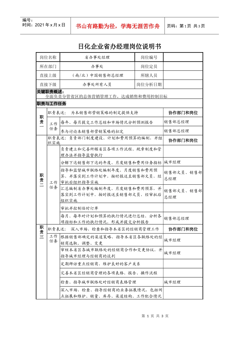 日化企业省办经理岗位说明书_第1页