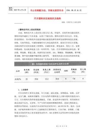 汽车塑料的发展现状及趋势