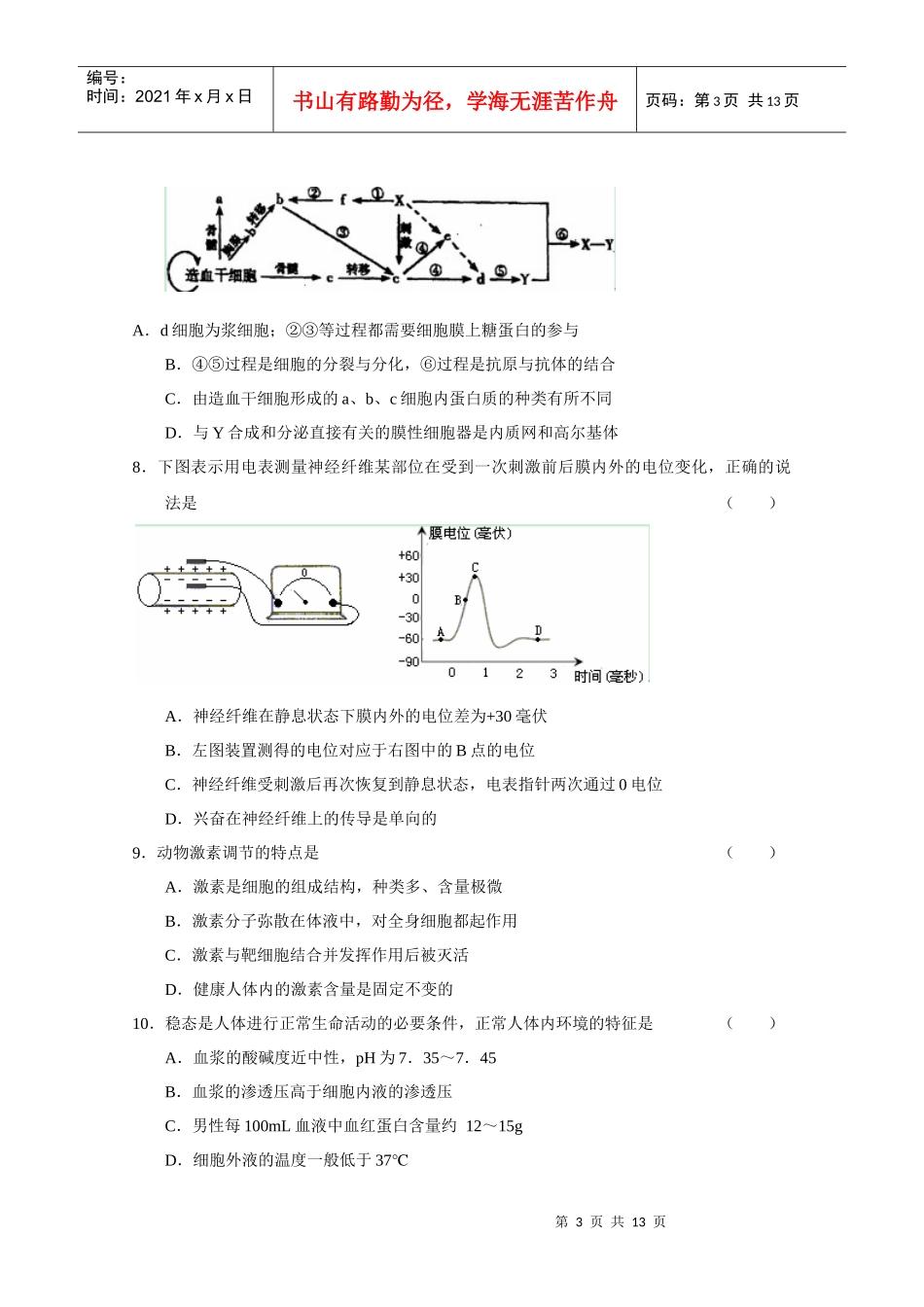 生物上学期一轮复习 第1-2章单元验收试题(6) 新人教版必修3_第3页