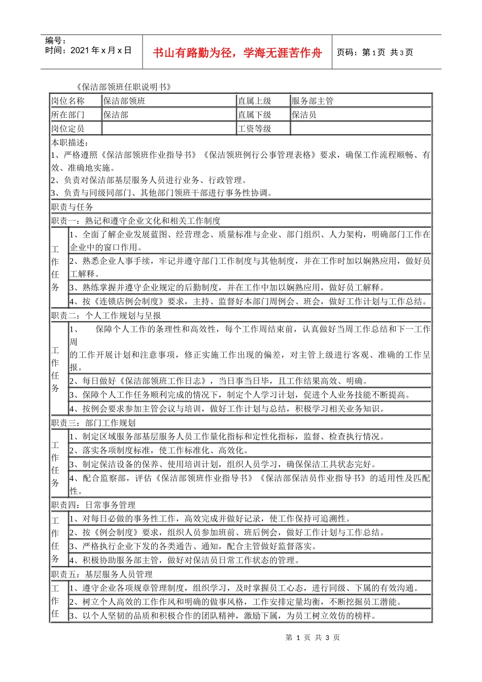 某连锁餐饮企业保洁部领班职务说明书_第1页