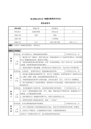 某咨询新丰化纤工艺设备管理部机械主管职务说明书