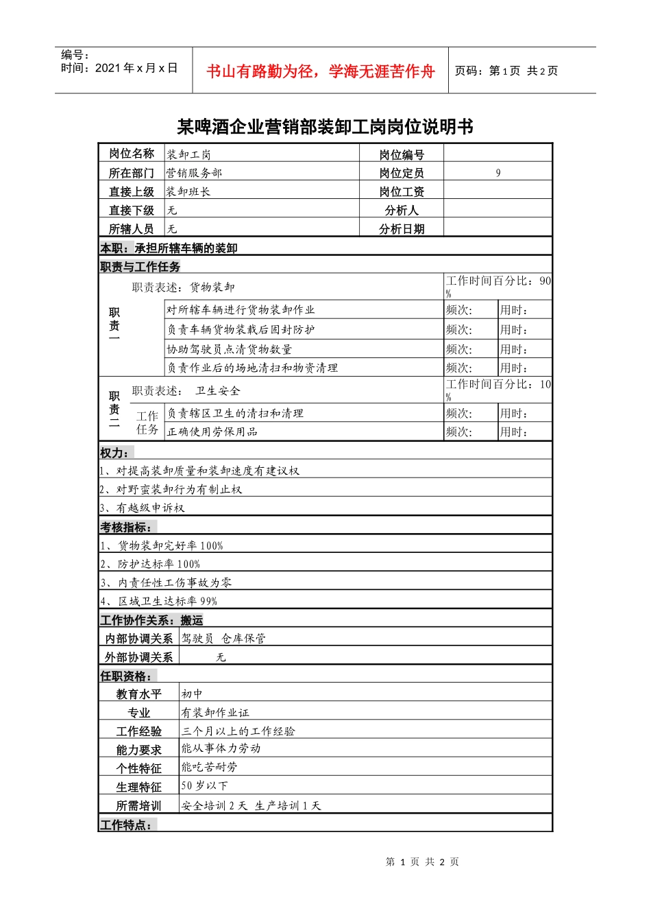某啤酒企业营销部装卸工岗岗位说明书_第1页