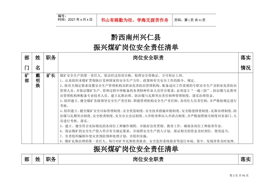 煤矿岗位安全责任清单(定稿)(DOC96页)_第1页
