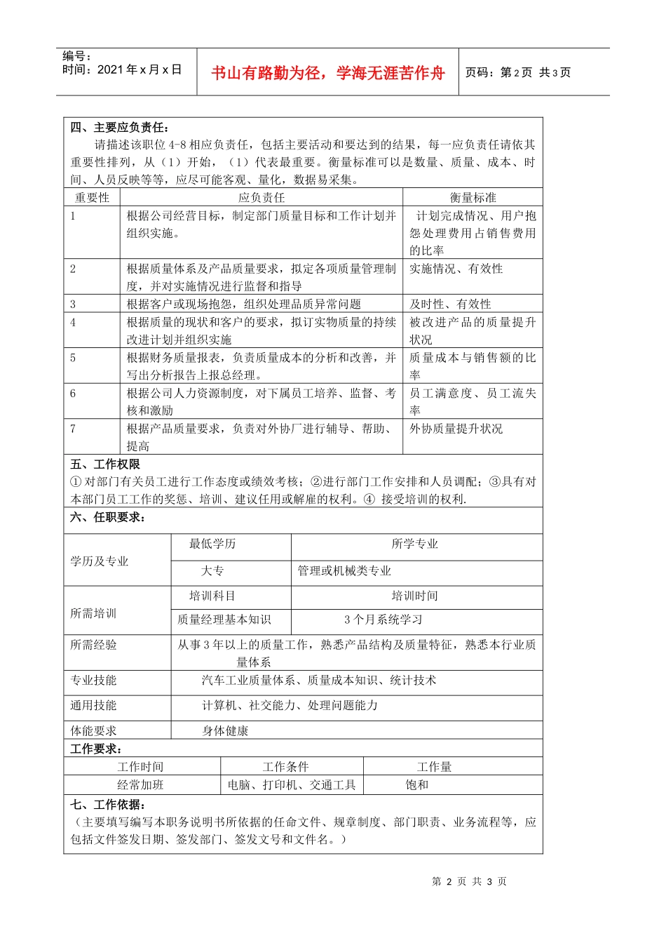 某大型汽车零部件公司品保部部长职位说明书_第2页
