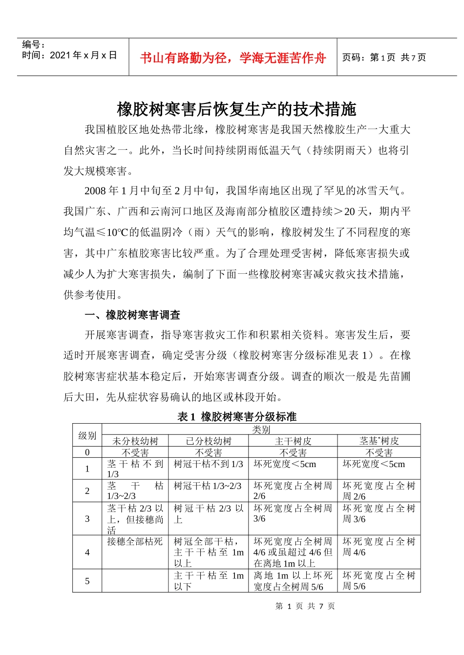 橡胶树寒害后恢复生产的技术措施_第1页