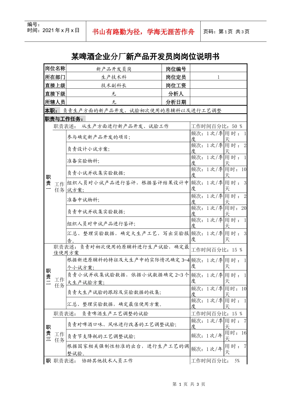 某啤酒企业分厂新产品开发员岗岗位说明书_第1页