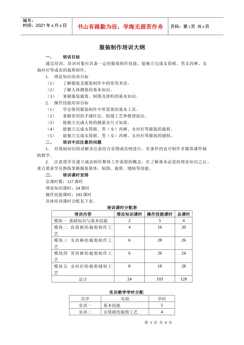 服装制作培训大纲-服装制作基本技能培训大纲_第1页