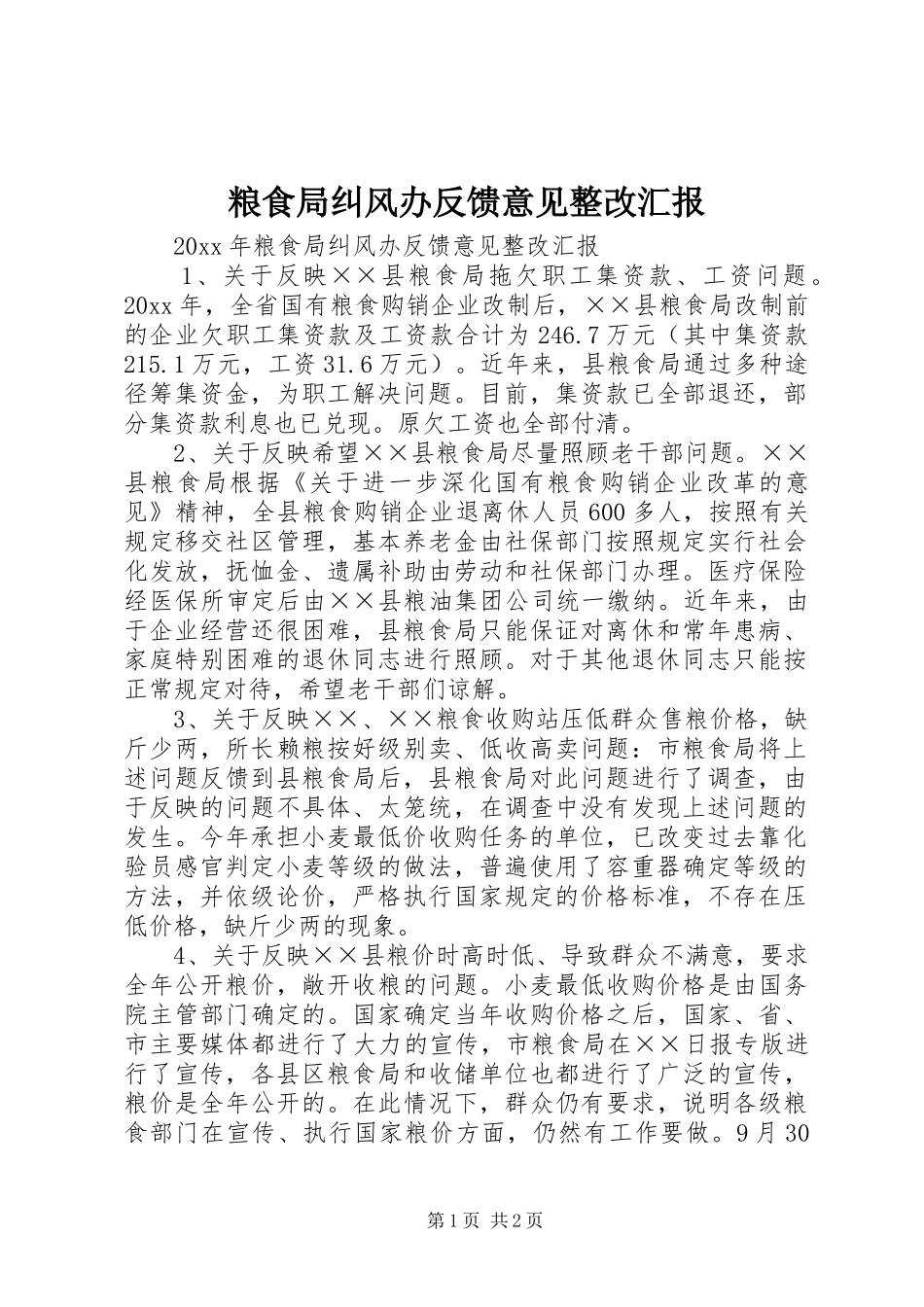 粮食局纠风办反馈意见整改汇报_第1页