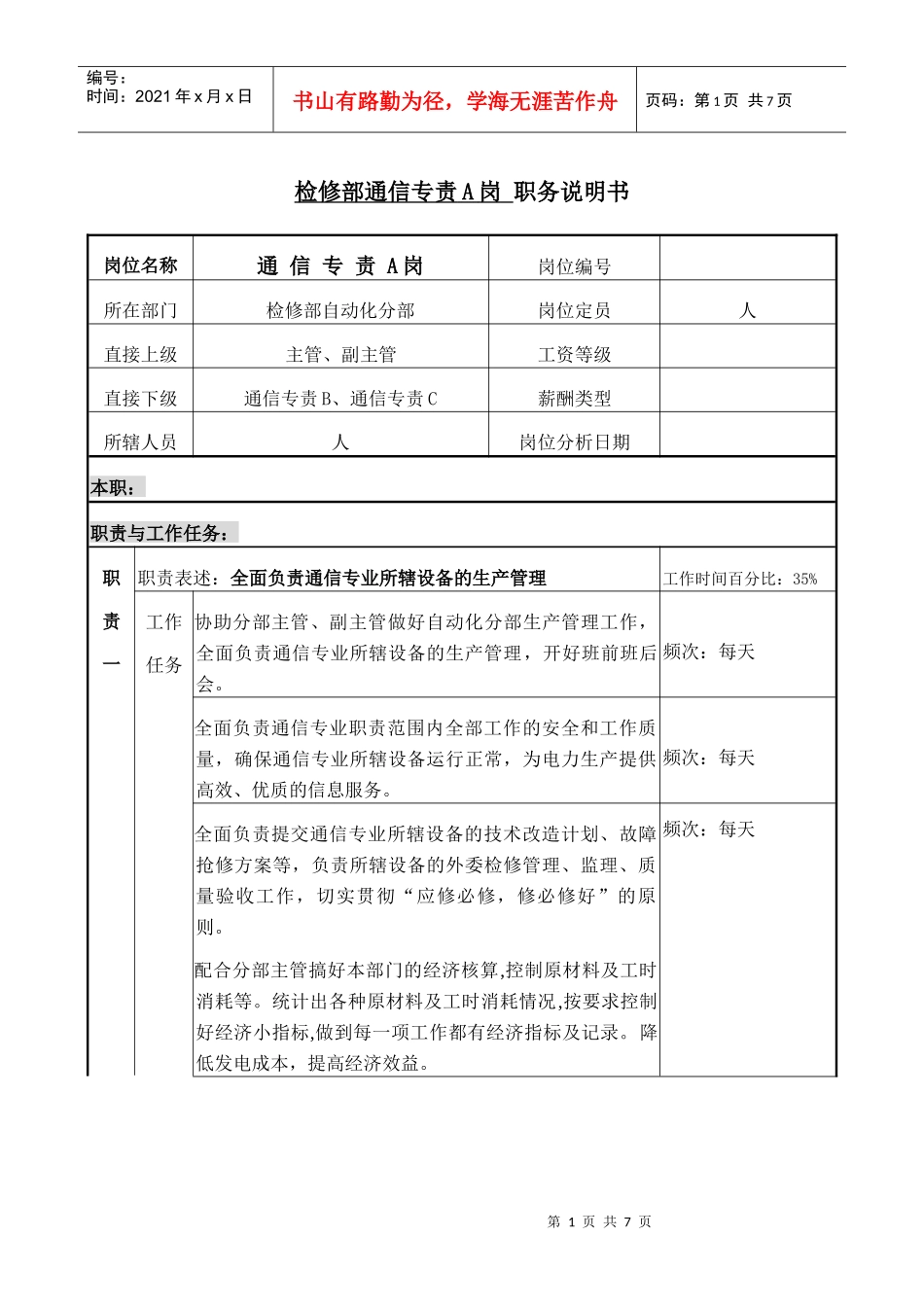 检修部职务说明-通信专责_第1页