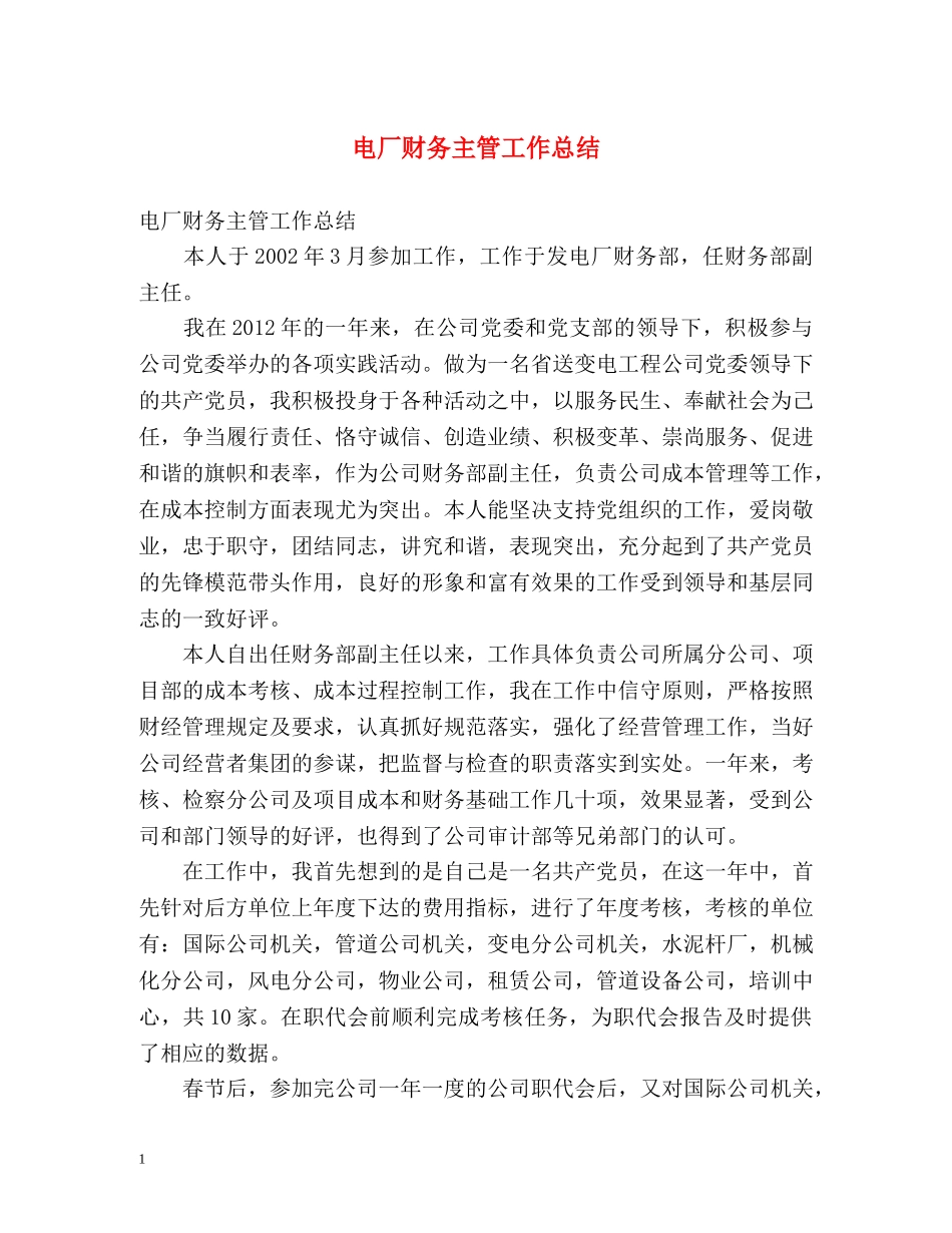 电厂财务主管工作总结 _第1页