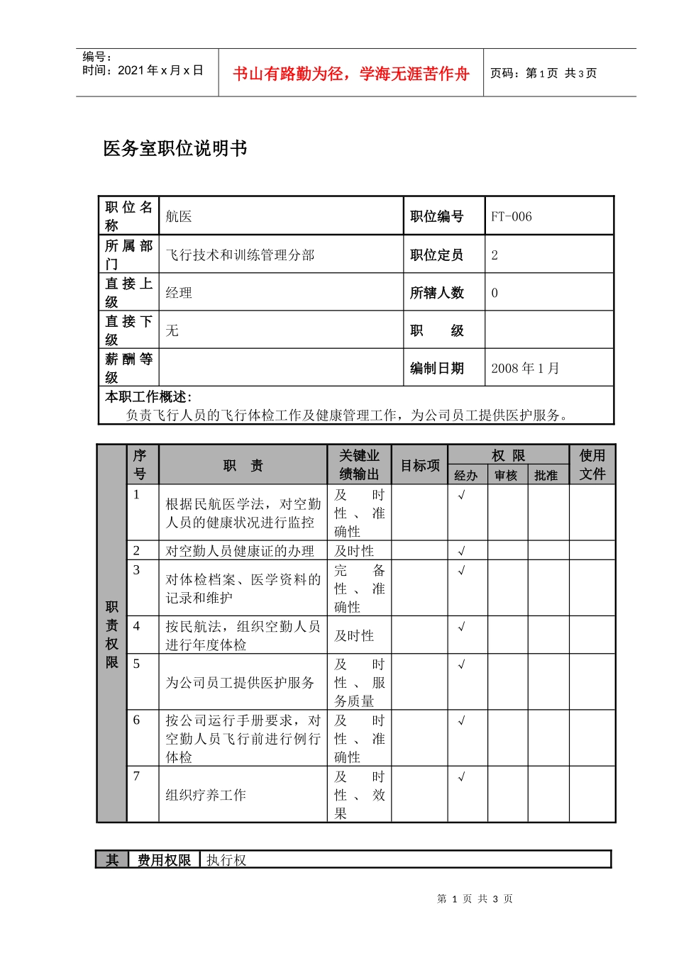 某航空物流公司医务室职位说明书及关键绩效标准_第1页
