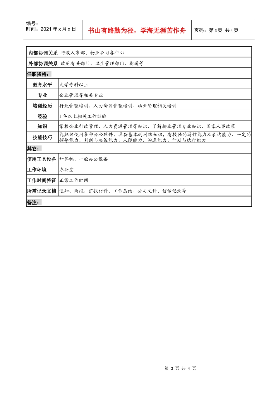 物业公司行政事务部主任职务说明书_第3页