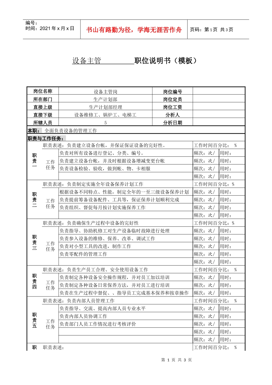 某服装生产企业生产部设备主管职位说明书_第1页