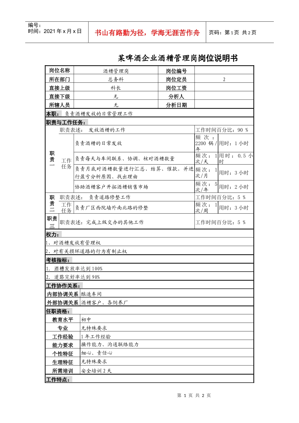某啤酒企业酒糟管理岗岗位说明书._第1页