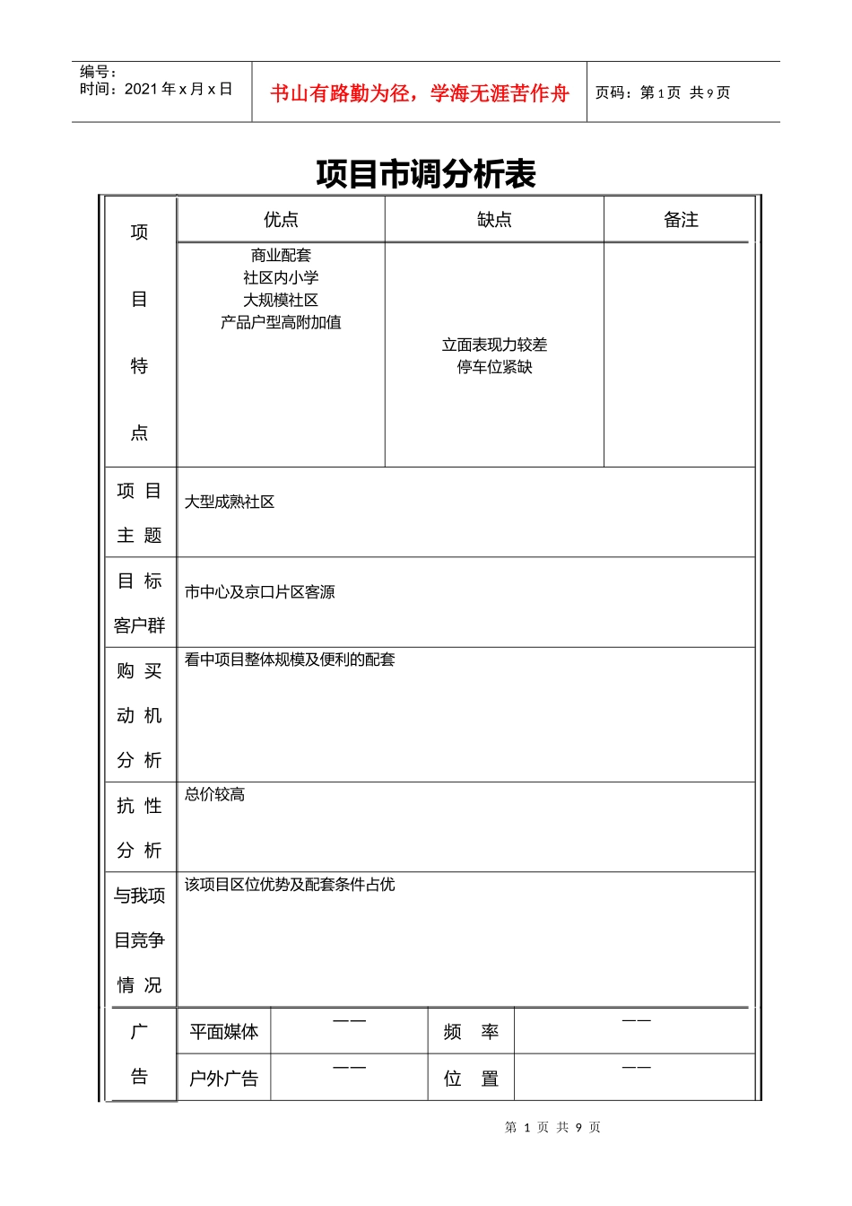 某地产润园市调分析表_第1页