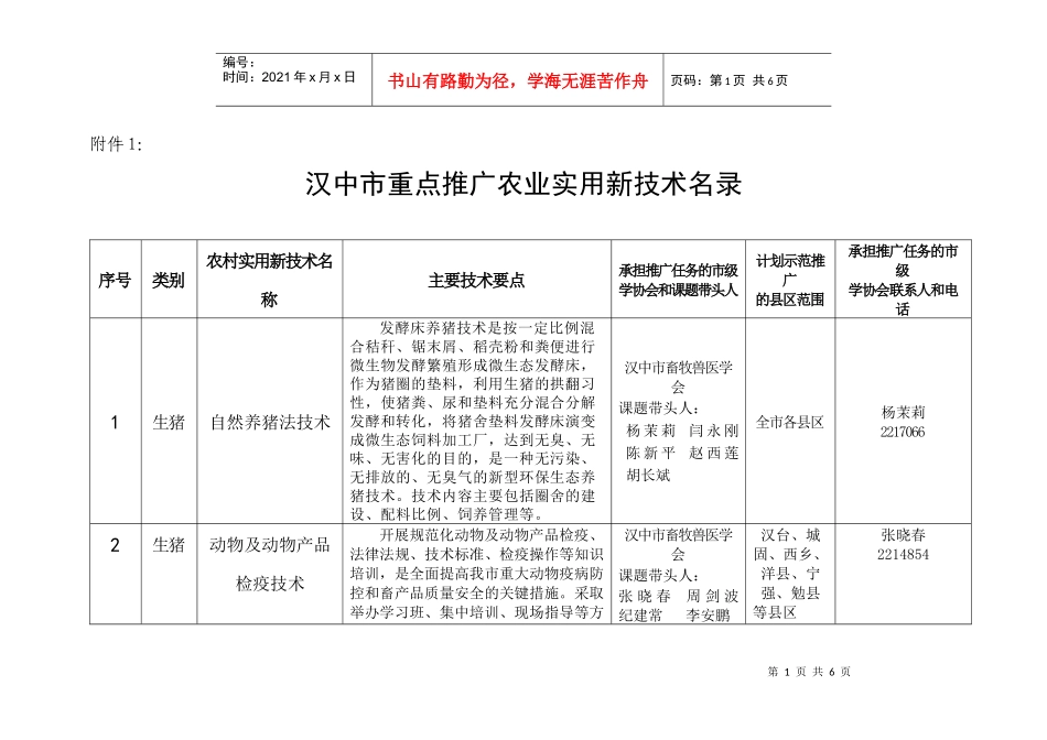 汉中市重点推广农业实用新技术名录_第1页