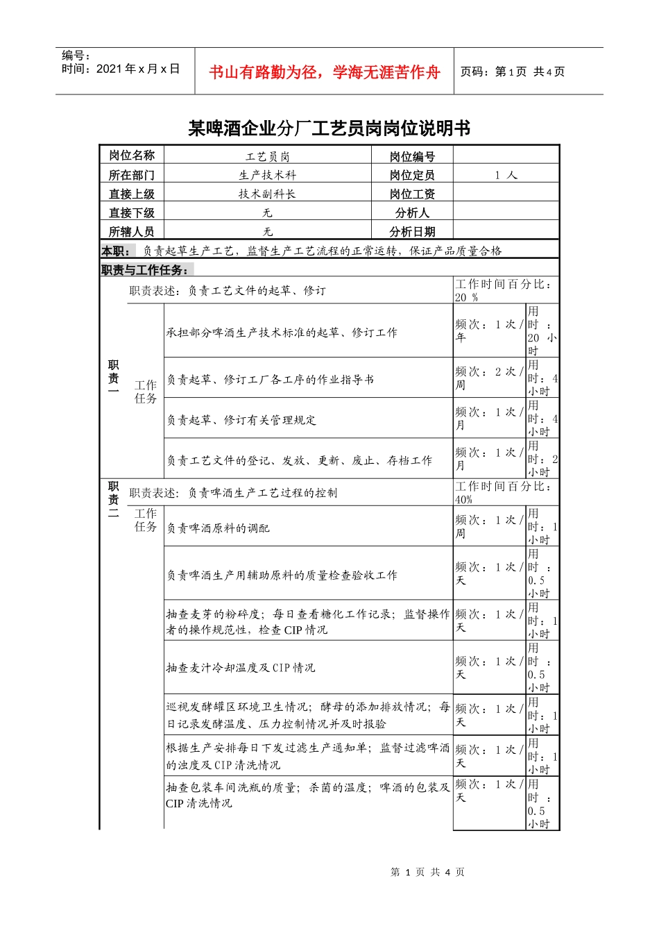 某啤酒企业分厂工艺员岗岗位说明书_第1页