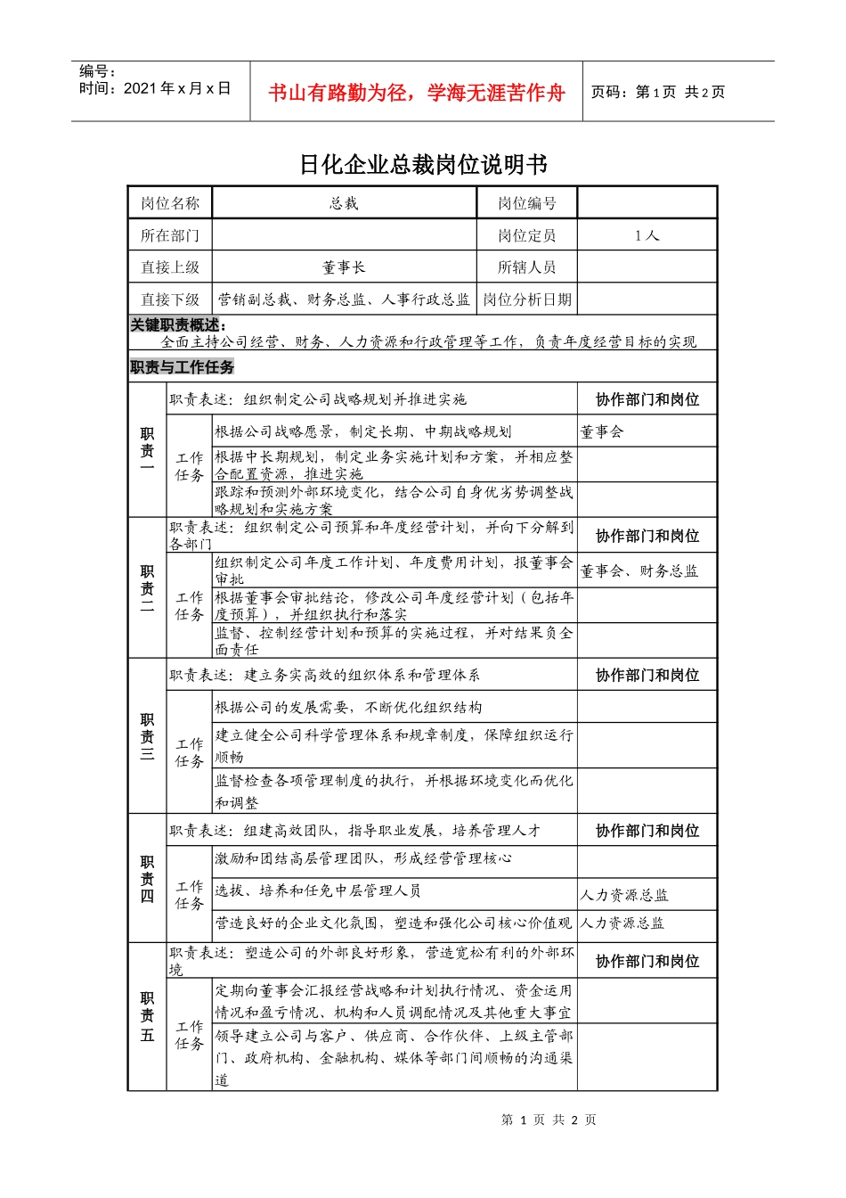 日化企业总裁岗位说明书_第1页