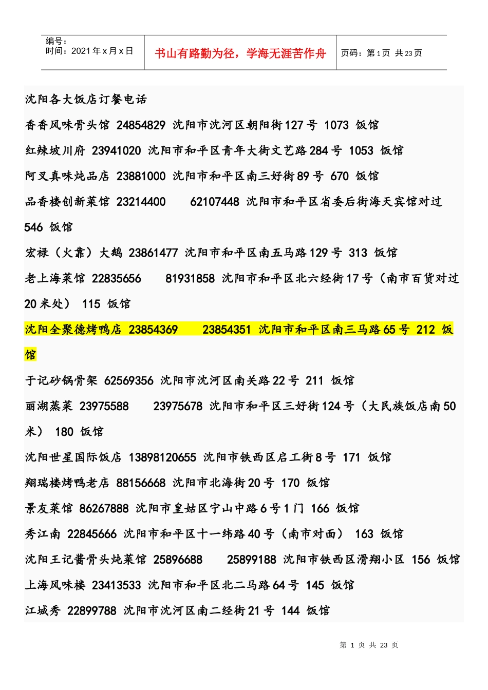 沈阳各大饭店订餐电话_第1页
