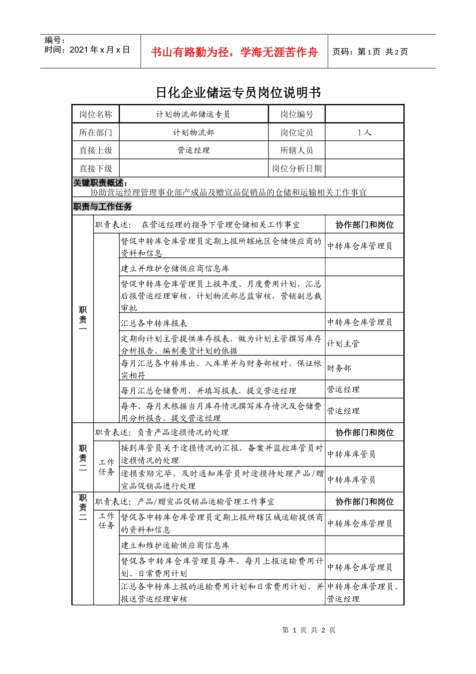 日化企业储运专员岗位说明书_第1页