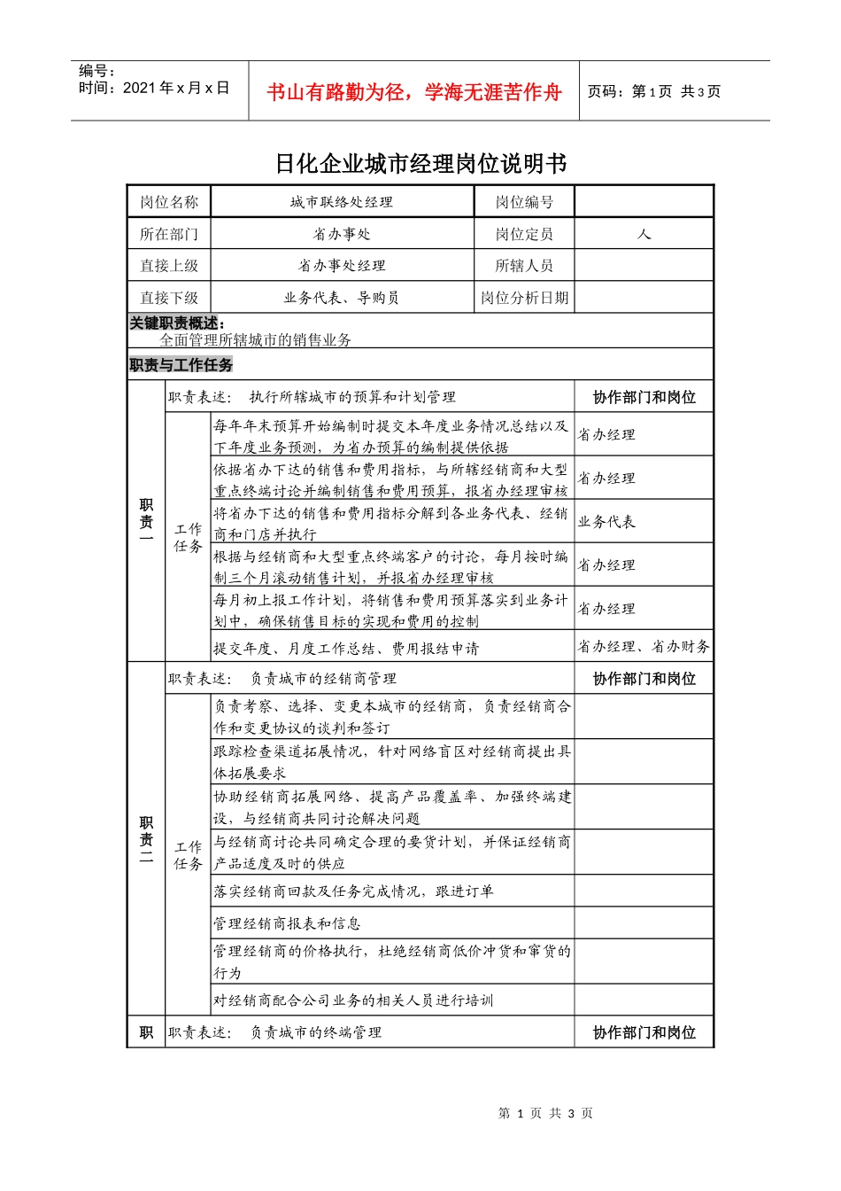 日化企业城市经理岗位说明书_第1页