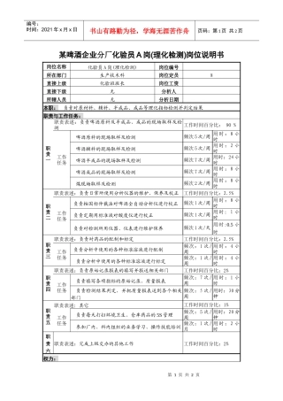 某啤酒企业分厂化验员a岗(理化检测)岗位说明书