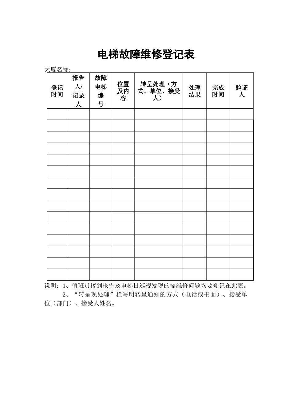 物业管理表格-电梯故障维修登记表_第1页