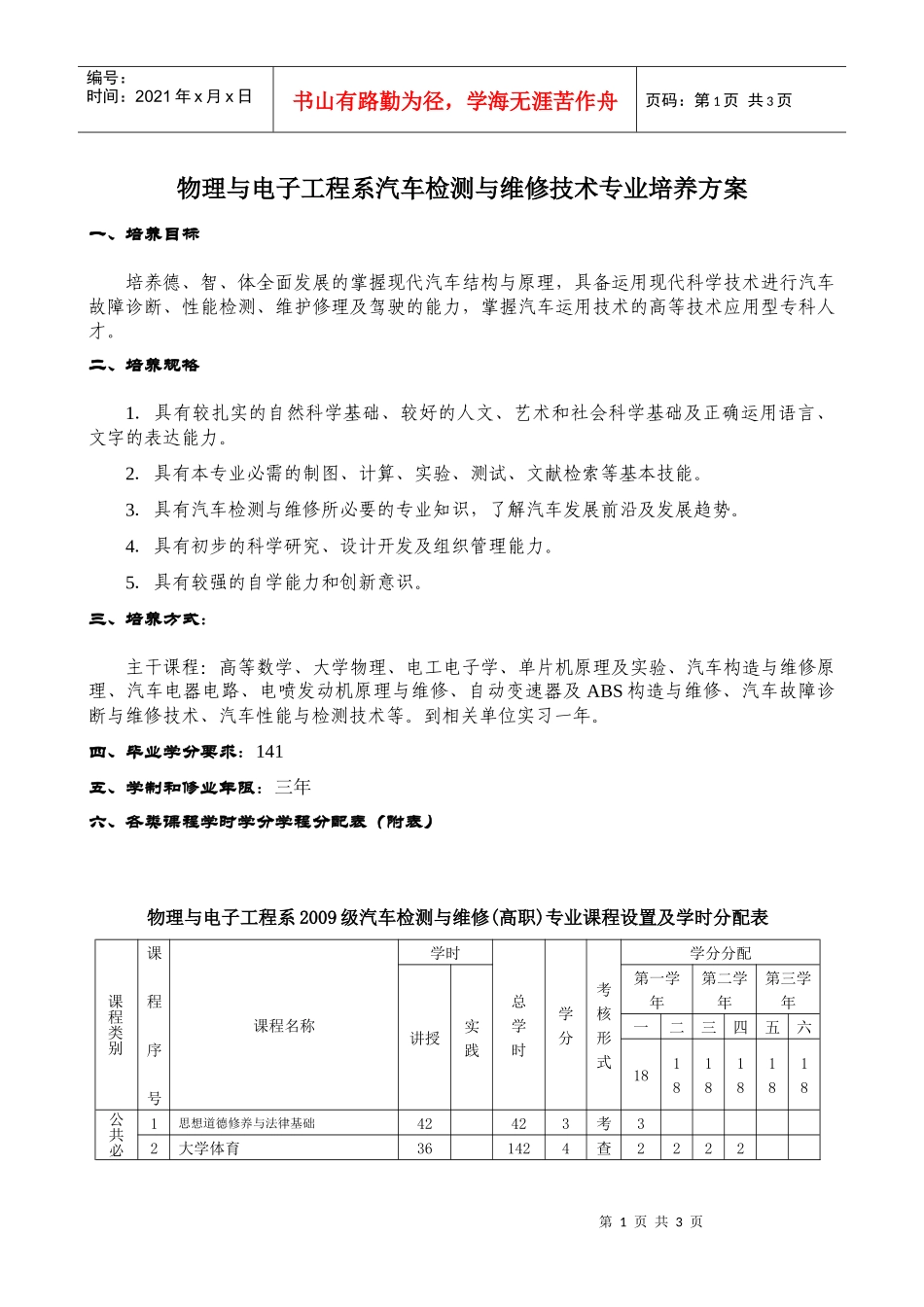 物理与电子工程系汽车检测与维修技术专业培养方案_第1页