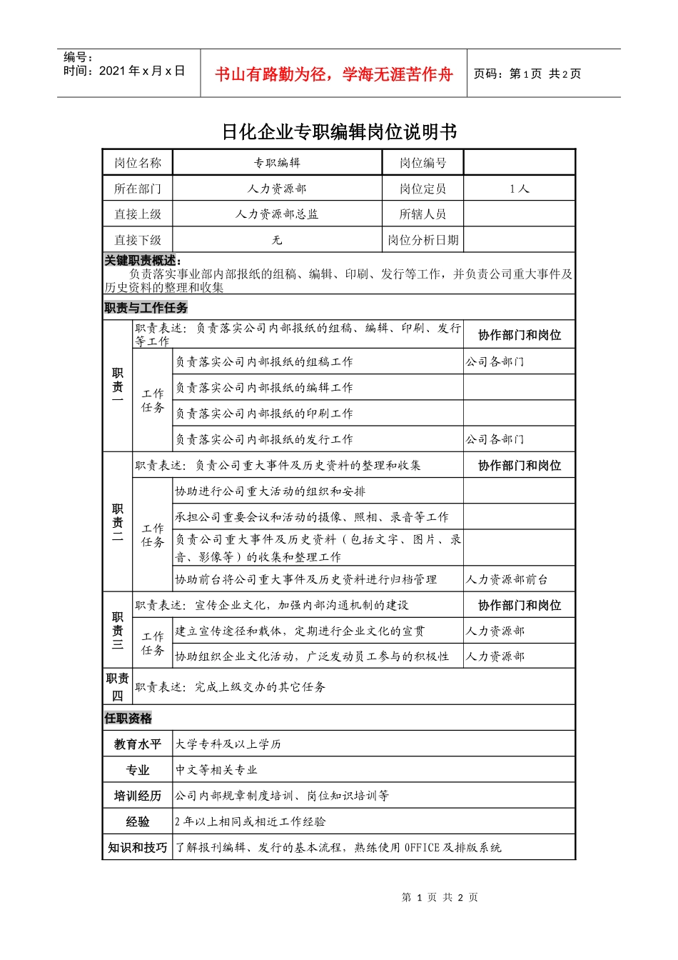 日化企业专职编辑岗位说明书_第1页