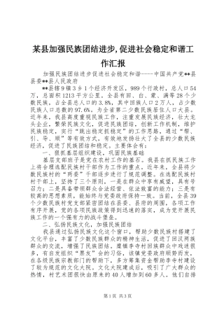 某县加强民族团结进步,促进社会稳定和谐工作汇报