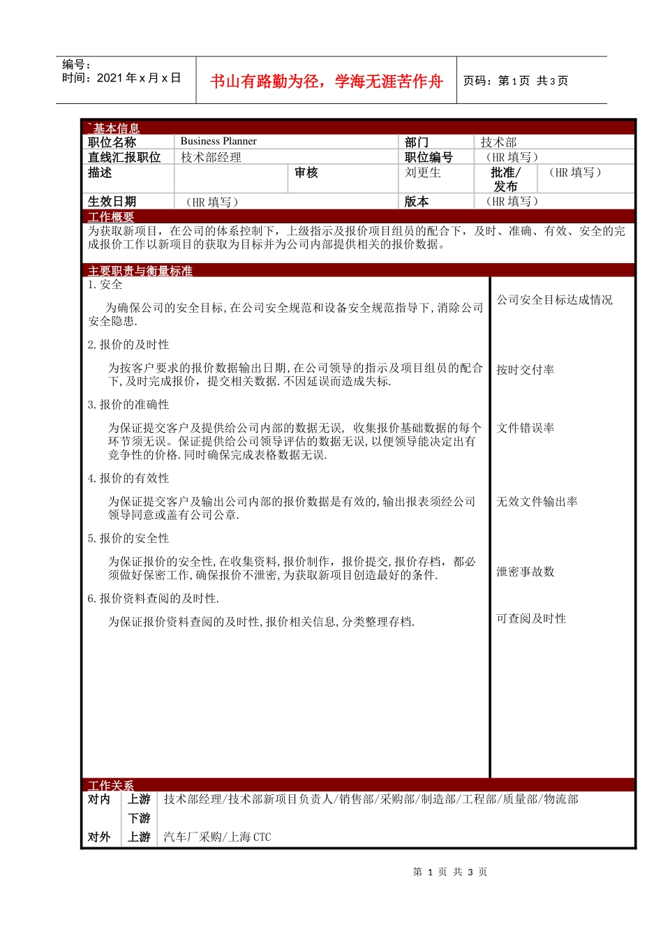 某大型电子公司枝术部报价计划员职位说明书_第1页